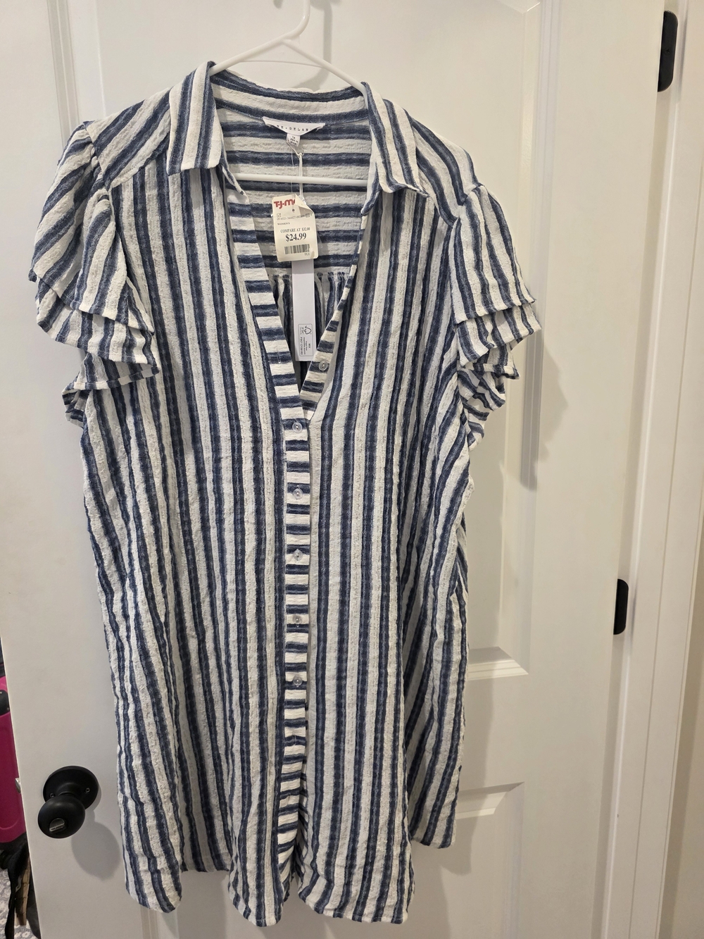 Jane and Delancey Blue & White Striped Ruffle-Sleeve Midi Dress